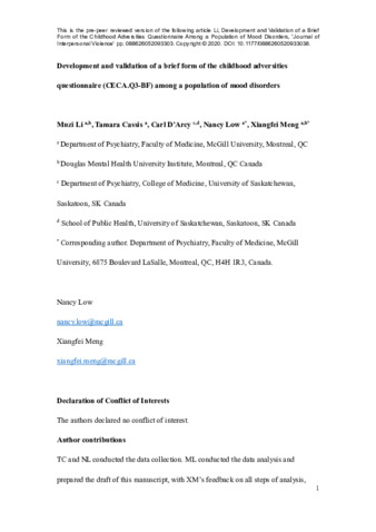 Development and Validation of a Brief Form of the Childhood Adversities Questionnaire Among a Population of Mood Disorders thumbnail