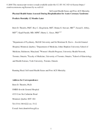 Physical Health Status Assessed During Hospitalization for Acute Coronary Syndrome Predicts Mortality 12 Months Later thumbnail