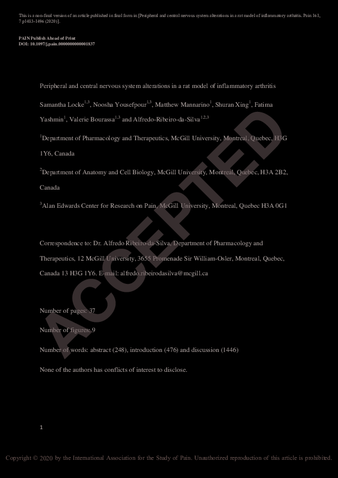 Peripheral and central nervous system alterations in a rat model of inflammatory arthritis thumbnail