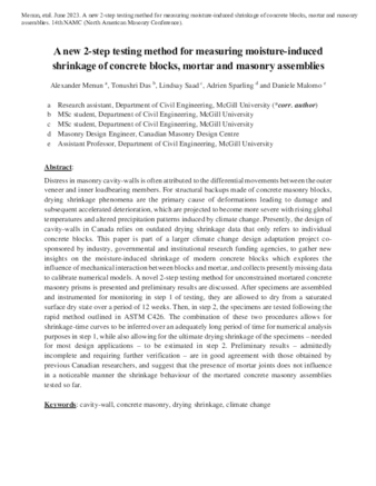 A new 2-step testing method for measuring moisture-induced shrinkage of concrete blocks, mortar and masonry assemblies thumbnail