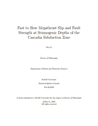 Fast to slow megathrust slip and fault strength at seismogenic depths of the cascadia subduction zone thumbnail