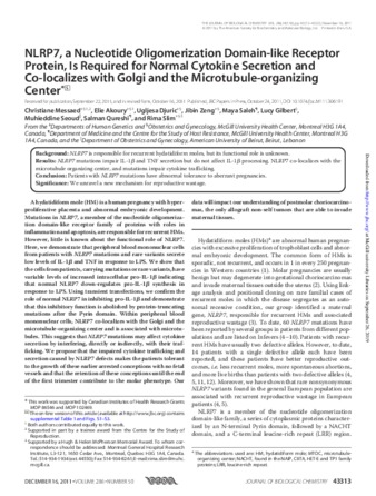 NLRP7, a Nucleotide Oligomerization Domain-like Receptor Protein, Is Required for Normal Cytokine Secretion and Co-localizes with Golgi and the Microtubule-organizing Center thumbnail