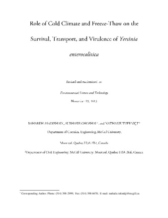 Role of Climate and Freeze-Thaw on the Survival, Transport and Virulence of Yersinia enterocolitica thumbnail