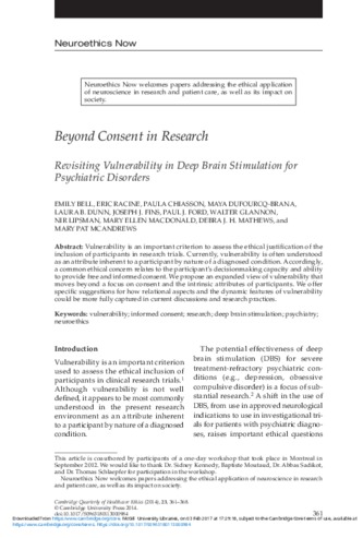 Beyond consent in research: Revisiting vulnerability in deep brain stimulation for psychiatric disorders thumbnail