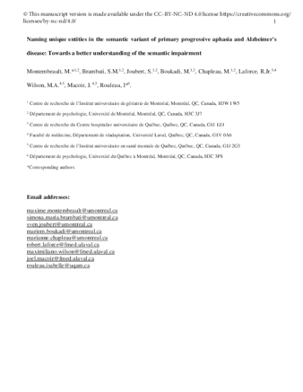 Naming unique entities in the semantic variant of primary progressive aphasia and Alzheimer's disease: Towards a better understanding of the semantic impairment thumbnail