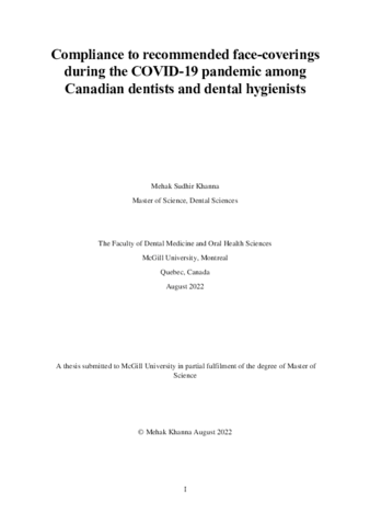 Self-reported compliance to recommended face-coverings, during the COVID-19 pandemic, among Canadian dentists and dental hygienists. thumbnail