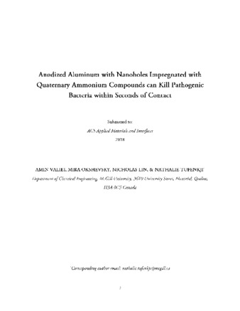 Anodized Aluminum with Nanoholes Impregnated with Quaternary Ammonium Compunds can kill pathogenic bacteria within seconds of contact thumbnail