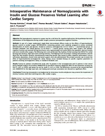 Intraoperative Maintenance of Normoglycemia with Insulin and Glucose Preserves Verbal Learning after Cardiac Surgery thumbnail