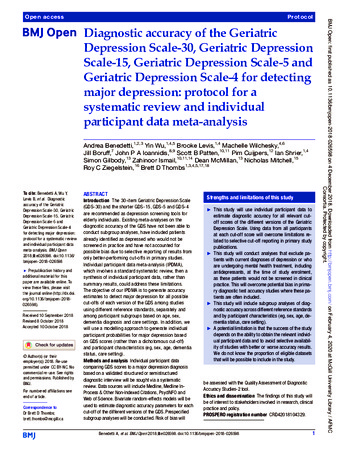 Diagnostic accuracy of the Geriatric Depression Scale-30, Geriatric Depression Scale-15, Geriatric Depression Scale-5 and Geriatric Depression Scale-4 for detecting major depression: protocol for a systematic review and individual participant data meta-analysis thumbnail