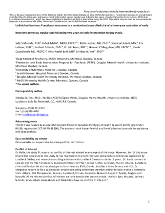 Unfinished business: Functional outcomes in a randomized controlled trial of a three-year extension of early intervention versus regular care following two years of early intervention for psychosis thumbnail