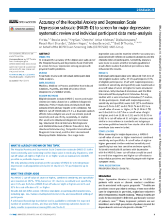 Accuracy of the Hospital Anxiety and Depression Scale Depression subscale (HADS-D) to screen for major depression: systematic review and individual participant data meta-analysis thumbnail