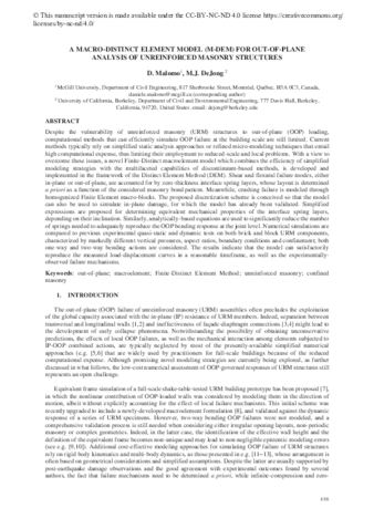 A Macro-Distinct Element Model (M-DEM) for out-of-plane analysis of unreinforced masonry structures thumbnail