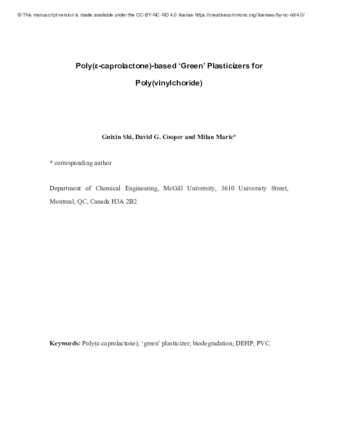 Poly(ε-caprolactone)-based ‘Green’ Plasticizers for Poly(vinylchoride) thumbnail