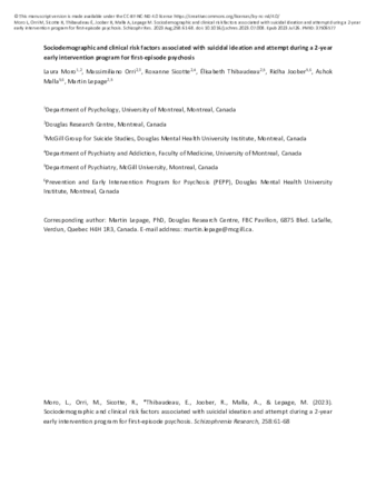 Sociodemographic and clinical risk factors associated with suicidal ideation and attempt during a 2-year early intervention program for first-episode psychosis thumbnail