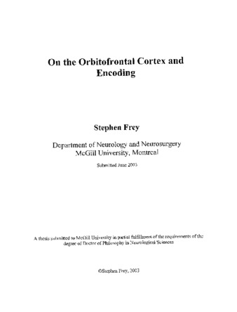 On the orbitofrontal cortex and encoding thumbnail
