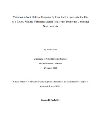 Variation in nest defense response by four raptor species to the use of a rotary-winged unmanned aerial vehicle (or drone) for censusing nest contents thumbnail