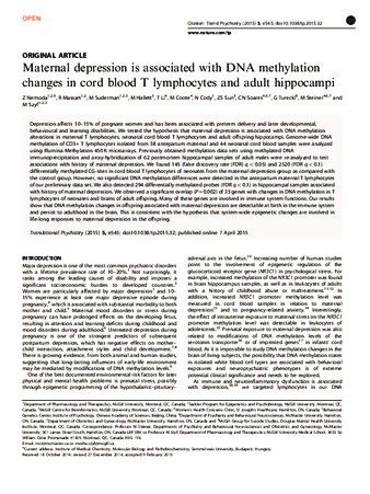 Maternal depression is associated with DNA methylation changes in cord blood T lymphocytes and adult hippocampi thumbnail