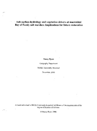 Sub-surface hydrology and vegetation drivers at macrotidal Bay of Fundy salt marshes : implications for future restoration thumbnail