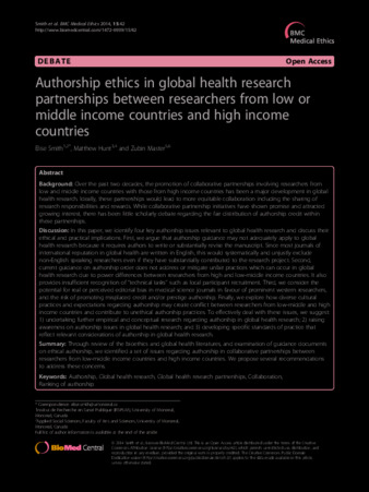 Authorship ethics in global health research partnerships between researchers from low or middle income countries and high income countries thumbnail