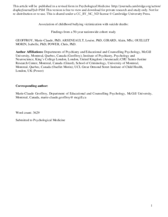 Association of childhood bullying victimization with suicide deaths:  Findings from a 50-year nationwide cohort study thumbnail