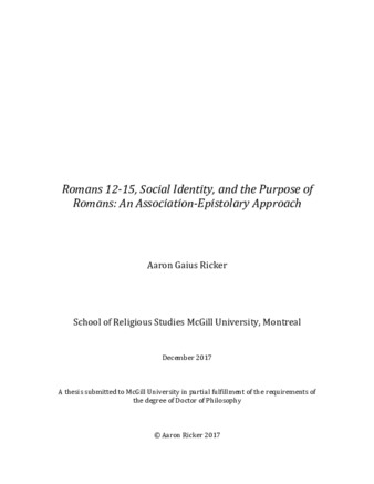 Romans 12-15, Social Identity, and the purpose of Romans: An association-epistolary approach thumbnail