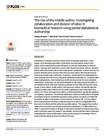 The rise of the middle author: Investigating collaboration and division of labor in biomedical research using partial alphabetical authorship thumbnail