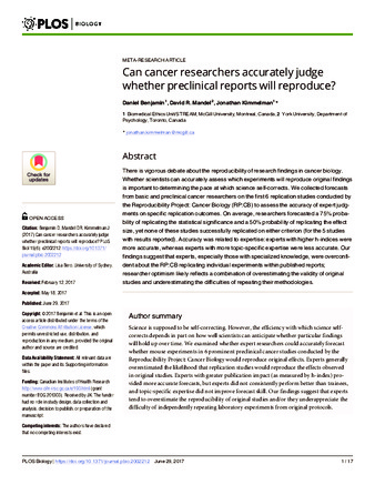 Can cancer researchers accurately judge whether preclinical reports will reproduce? thumbnail