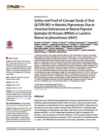 Safety and Proof-of-Concept Study of Oral QLT091001 in Retinitis Pigmentosa Due to Inherited Deficiencies of Retinal Pigment Epithelial 65 Protein (RPE65) or Lecithin:Retinol Acyltransferase (LRAT) thumbnail