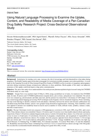 Using Natural Language Processing to Examine the Uptake, Content, and Readability of Media Coverage of a Pan-Canadian Drug Safety Research Project: Cross-Sectional Observational Study thumbnail