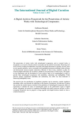 A Digital Archives Framework for the Preservation of Cultural Artifacts with Technological Components thumbnail