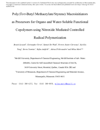 Poly(Tert-Butyl Methacrylate/Styrene) Macroinitiators as Precursors for Organo and Water-Soluble Functional Copolymers using Nitroxide Mediated Controlled Radical Polymerization thumbnail