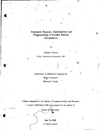 Kinematic analysis, optimization and programming of parallel robotic manipulators thumbnail