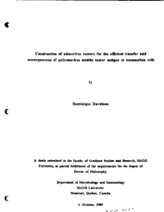 Construction of adenovirus vectors for the efficient transfer and overexpression of polyomavirus middle tumor antigen in mammalian cells thumbnail