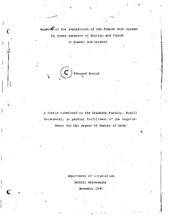 Aspects of the acquisition of the French verb system by young speakers of English and French in Quebec and Ontario thumbnail