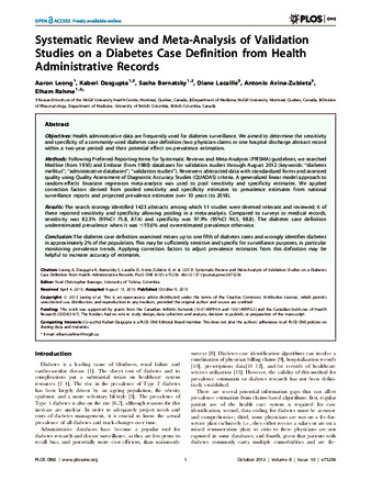 Systematic Review and Meta-Analysis of Validation Studies on a Diabetes Case Definition from Health Administrative Records thumbnail