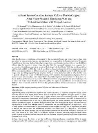 A Short Season Canadian Soybean Cultivar Double Cropped After Winter Wheat in Uzbekistan With and Without Inoculation with Bradyrhizobium thumbnail
