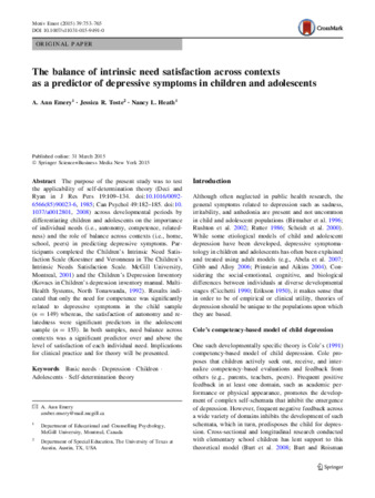 The balance of intrinsic need satisfaction across contexts as a predictor of depressive symptoms in children and adolescents thumbnail