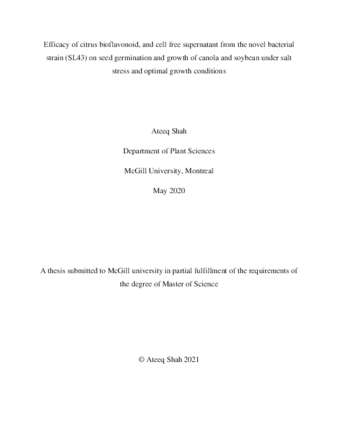 Efficacy of citrus bioflavonoid, and CFS extracted from the novel bacterial strain (SL43) on seed germination and growth of canola and soybean under salt stress and optimal growth conditions thumbnail