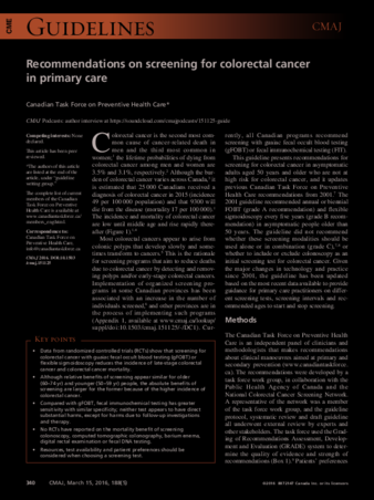 Recommendations on screening for colorectal cancer in primary care thumbnail