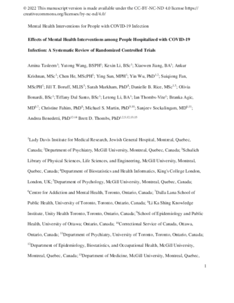 Effects of mental health interventions among people hospitalized with COVID-19 infection: A systematic review of randomized controlled trials thumbnail