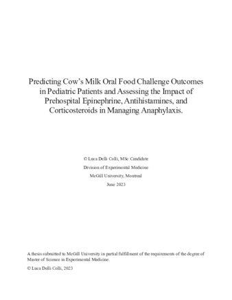 Predicting Cow’s Milk Oral Food Challenge Outcomes in Pediatric Patients and Assessing the Impact Prehospital Epinephrine, Antihistamines, and Corticosteroids in Managing Anaphylaxis thumbnail