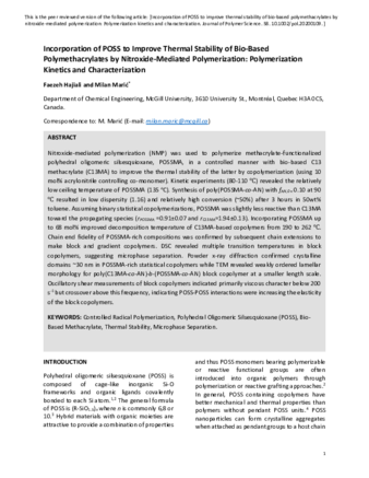 Incorporation of POSS to Improve Thermal Stability of Bio-Based Polymethacrylates by Nitroxide-Mediated Polymerization: Polymerization Kinetics and Characterization thumbnail