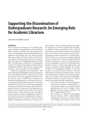 Supporting the dissemination of undergraduate research: an emerging role for academic librarians. thumbnail