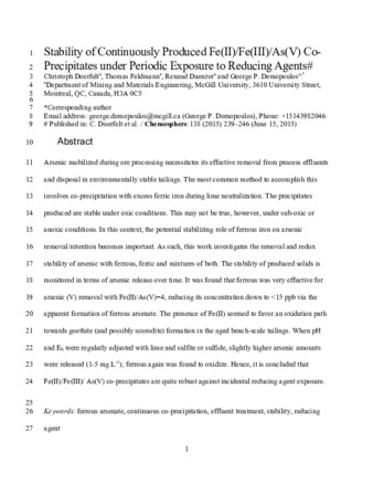 Stability of Continuously Produced Fe(1 II)/Fe(III)/As(V) Co-Precipitates under Periodic Exposure to Reducing Agents thumbnail