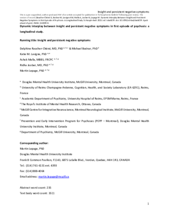 Dynamic Interplay Between Insight and Persistent Negative Symptoms in First Episode of Psychosis: A Longitudinal Study thumbnail