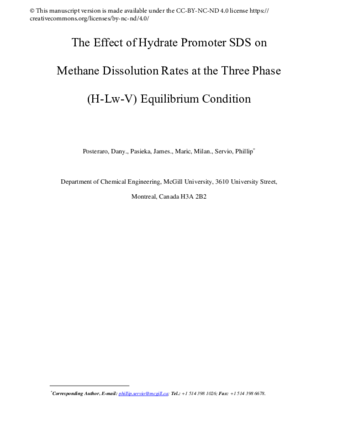 The effect of hydrate promoter SDS on methane dissolution rates at the three phase (H-Lw-V) equilibrium condition thumbnail