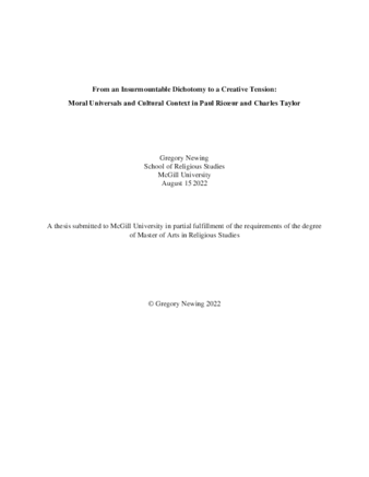 From an insurmountable dichotomy to a creative tension: moral universals and cultural context in Paul Ricœur and Charles Taylor thumbnail