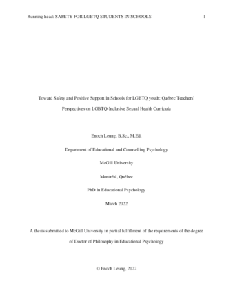 Toward safety and positive support in schools for LGBTQ youth: Québec teachers’ perspectives on LGBTQ-inclusive sexual health curricula thumbnail