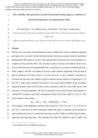 The solubility and speciation of gold in ammonia-bearing aqueous solutions at elevated temperature: An experimental study thumbnail