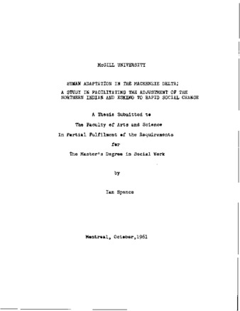 Human adaptation in the Mackenzie delta: a study in facilitating the adjustment of the Northern Indian and Eskimo to rapid social change. thumbnail